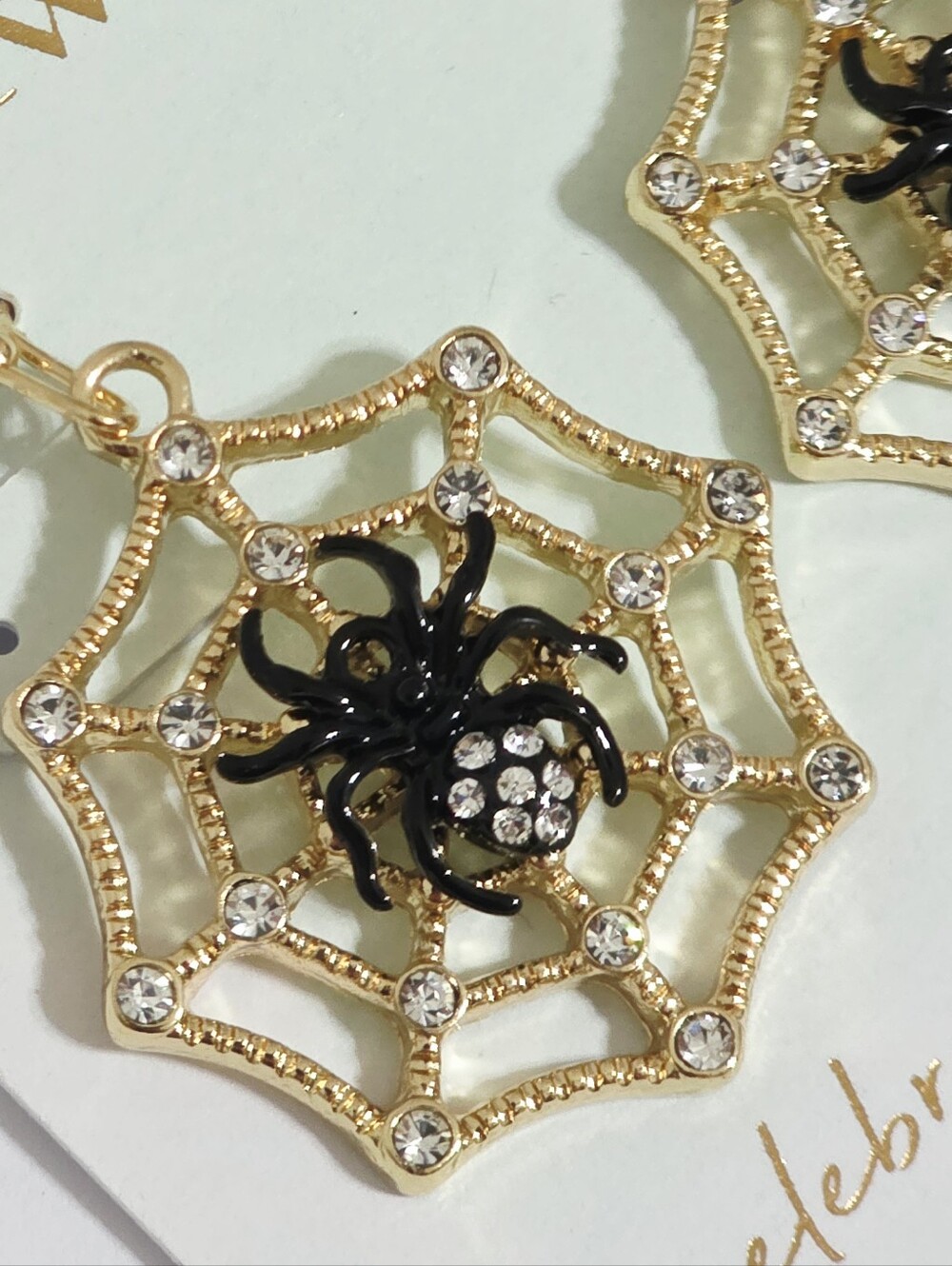 New Black Spiderweb Earrings Gold with Rhinestones Costume Jewelry Halloween 🕷️